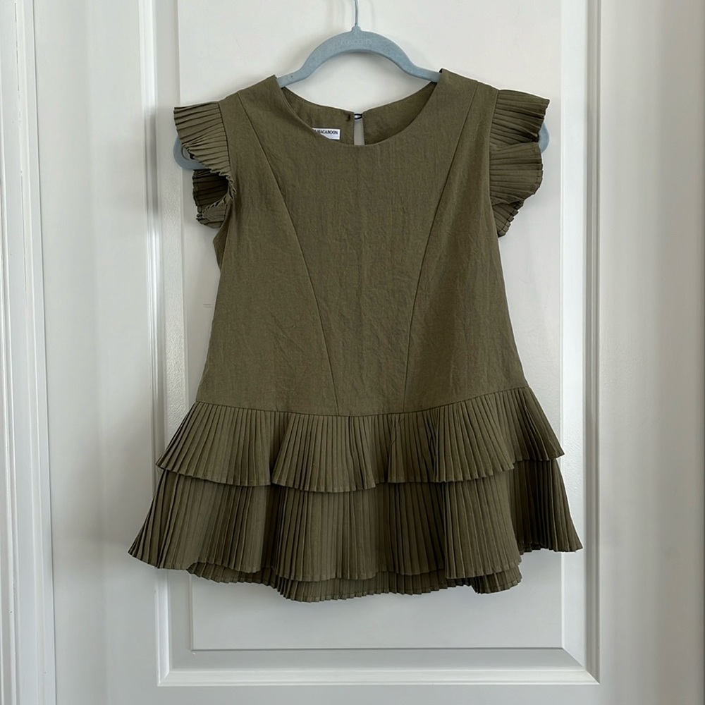 Goodnight Macaroon Olive Green Pleated Ruffle Sleeve Blouse